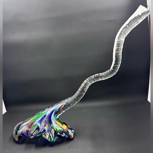 Vintage Hand Blown Art Glass Leaf Sculpture w/ Twisted Stem – Multicolo